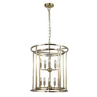 A tall, antique brass ten light lantern for the tallest of ceilings or in a stairwell. The ten lights will illuminate the darkest of corners. An exceptional take on the classic lantern.