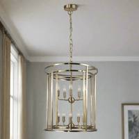 A tall, antique brass ten light lantern for the tallest of ceilings or in a stairwell. The ten lights will illuminate the darkest of corners. An exceptional take on the classic lantern.