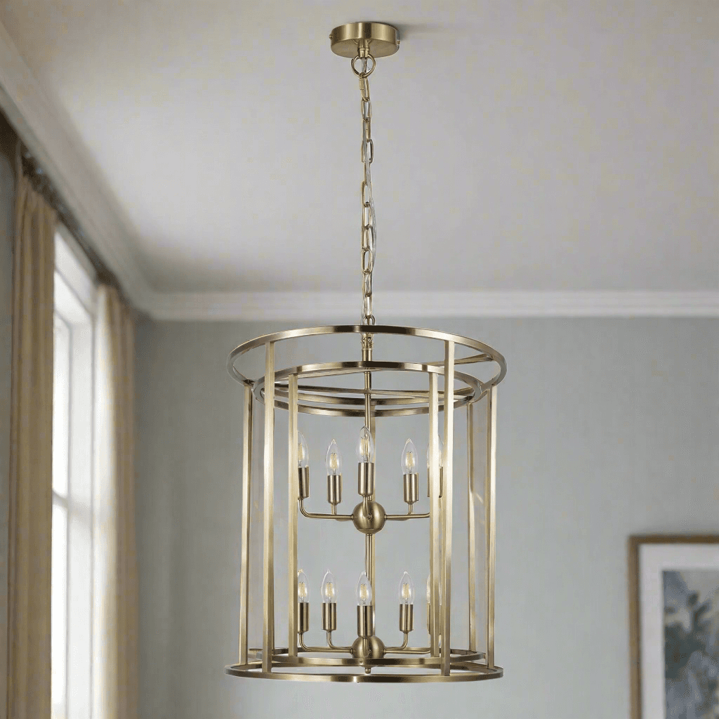 A tall, antique brass ten light lantern for the tallest of ceilings or in a stairwell. The ten lights will illuminate the darkest of corners. An exceptional take on the classic lantern.