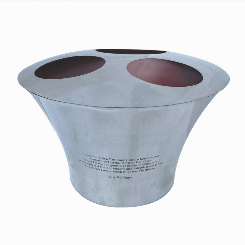 For the most discerning wine buff, the three bottle holder. A great gift, adding an air of utmost generosity to any table.  The logo across the front of the cooler adds an vintage quality.  The addition of a wine cooler to your table gives a sophisticated feel and adds a touch of luxury.  We have a few different styles and manufacture of wine coolers on our website so well worth a look.
W: 37 cm H: 25 cm D: 37 cm