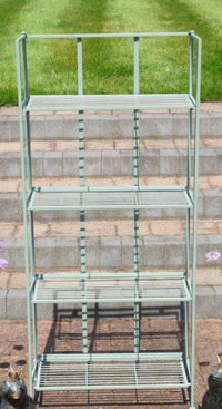 Pale blue painted 4 tier folding shelf unit, perfect for indoor or outdoor storage or display. Perfect for plants, or outdoor tools etc. and indoors for kid's bedrooms or for your kitchen - versatile folding shelving.