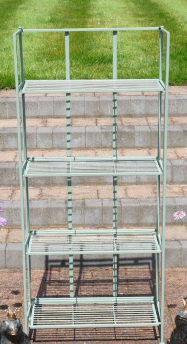 Pale blue painted 4 tier folding shelf unit, perfect for indoor or outdoor storage or display. Perfect for plants, or outdoor tools etc. and indoors for kid's bedrooms or for your kitchen - versatile folding shelving.