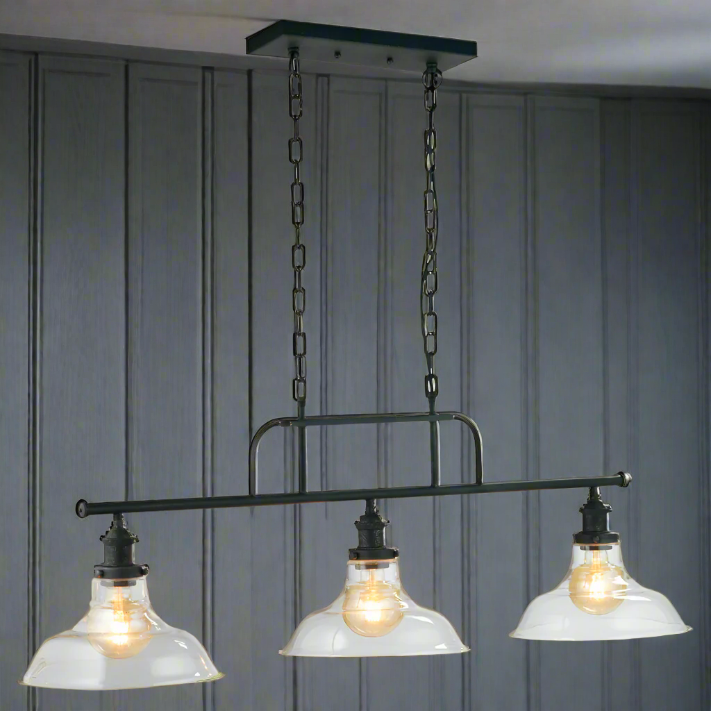 Triple glass linear light, typically seen over a Snooker or Dining table, on an adjustable chain and an antique bronze metal ceiling plate. A real industrial feel to this pendant which spreads light.