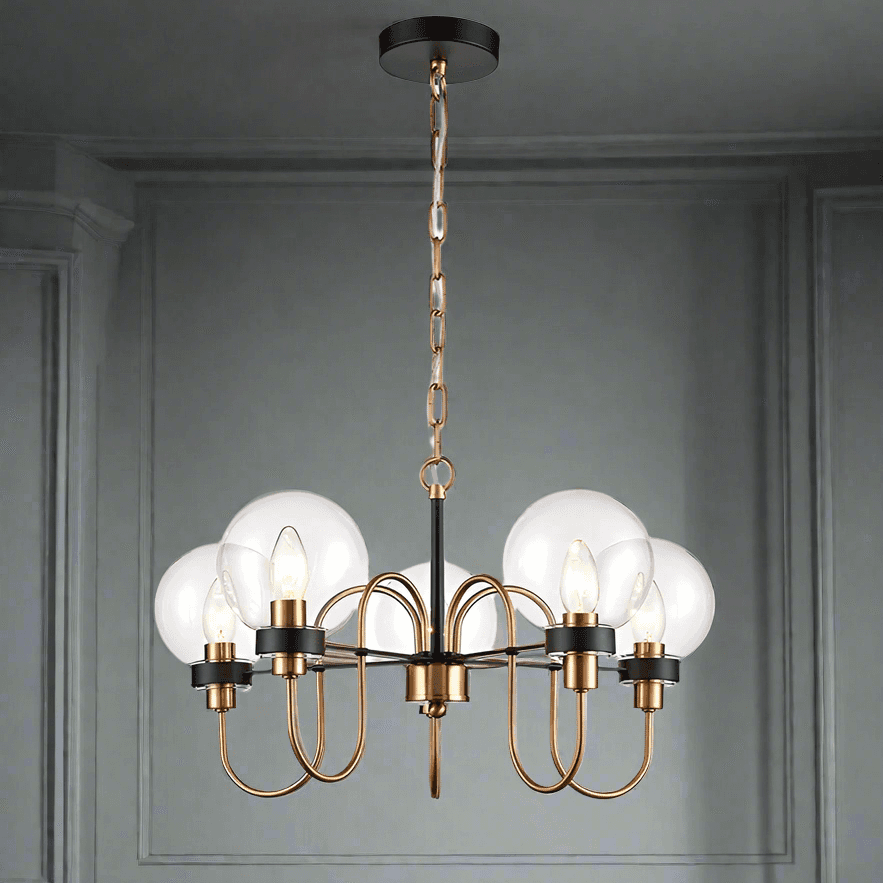 Five Clear glass globes on the five metal arms in antique gold on matte black, a stunning medium size statement light. Adjustable chain offers a long drop for this fitting. An extremely unusual fitting, suitable for a study, bedroom or smaller living room.