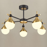 A five light gilt and opaque glass globe light, semi-flush on a back and gilt fixture, stunning mix of colours, for both contemporary and classic settings.  A perfect sitting room light and great in any room with a lower ceiling height.  These work well in an office or library, small bedroom, perfect over a dining table.