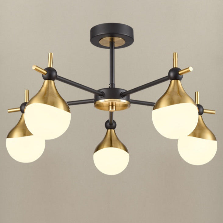 A five light gilt and opaque glass globe light, semi-flush on a back and gilt fixture, stunning mix of colours, for both contemporary and classic settings.  A perfect sitting room light and great in any room with a lower ceiling height.  These work well in an office or library, small bedroom, perfect over a dining table.