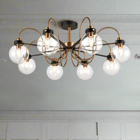 Stunning 8 ball semi flush pendant light on an antique gilt metal frame with a down light. Exceptional flush lighting, this 8 arm pendant will spread a lot of light from the ceiling in a kitchen, living room or bedroom, any room with a low ceiling.