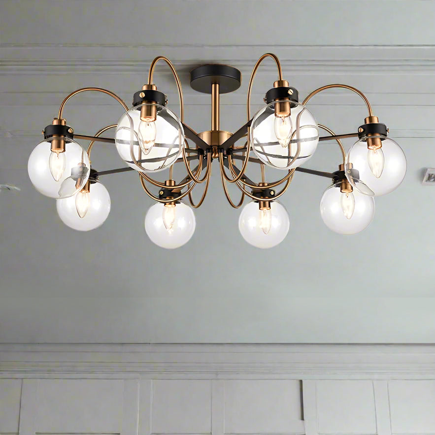 Stunning 8 ball semi flush pendant light on an antique gilt metal frame with a down light. Exceptional flush lighting, this 8 arm pendant will spread a lot of light from the ceiling in a kitchen, living room or bedroom, any room with a low ceiling.