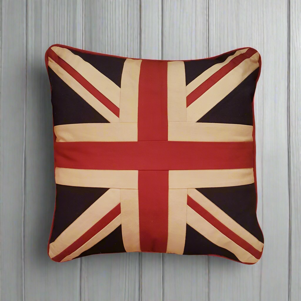 Plain union jack canvas cushion with vintage look and attractive piping.  Polyester filling included.  Iconic square Union Jack cushion, beautifully made and finished to last a long time. 