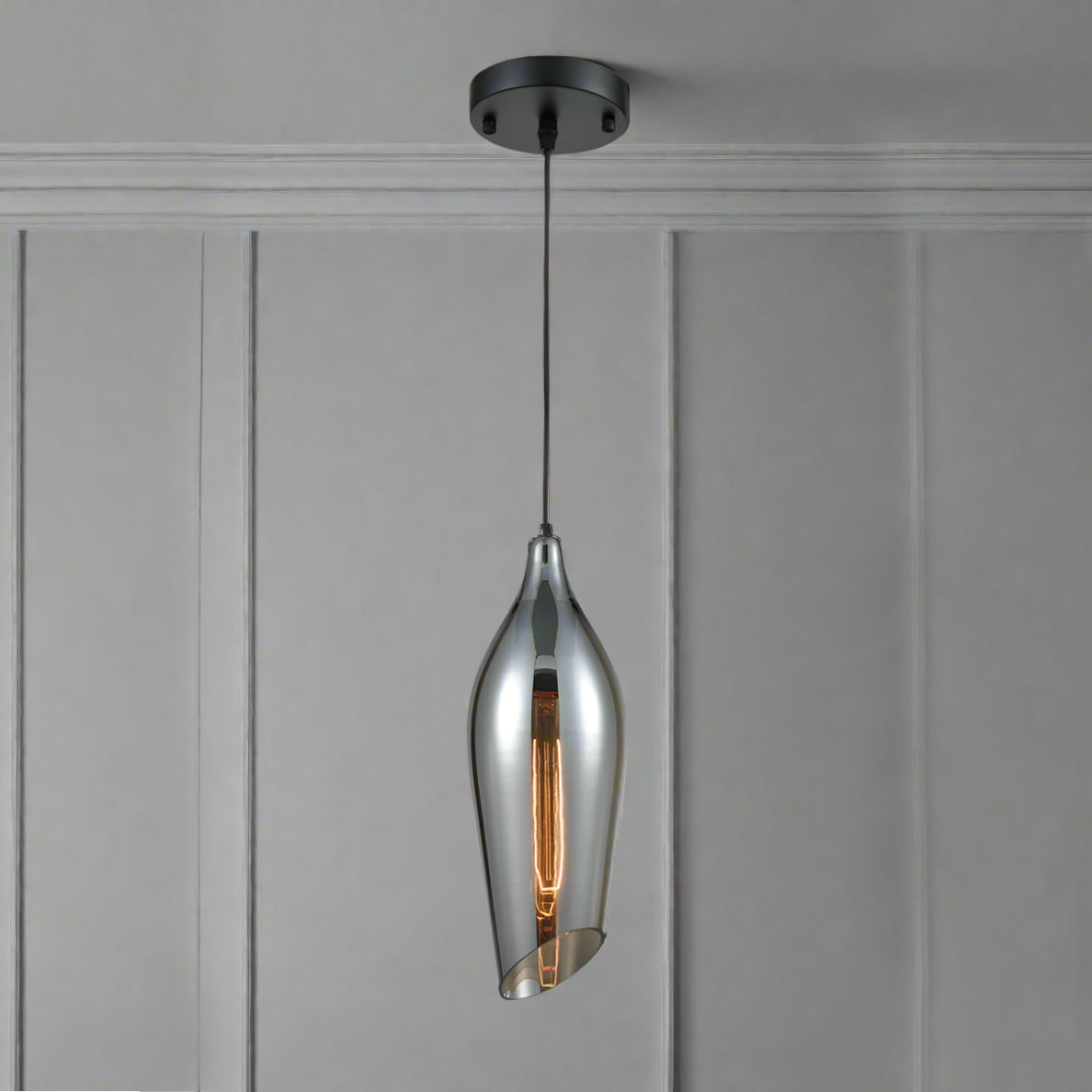 Long Smoked angled cut glass Aerial pendant, stunning asymmetric design to this contemporary pendant. Jeweled colours adding glamour to kitchen islands to dining rooms.
