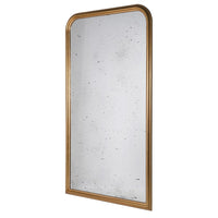 Massive gold beaded arched mirror with aged glass. A huge statement mirror, with a gold beaded arched frame enhanced by the vintage aged glass. Perfect hallway mirror, the soft reflection of the glass contrasting with the bright gilded frame. In a living room, to get a great vintage feel. Perfect in any space