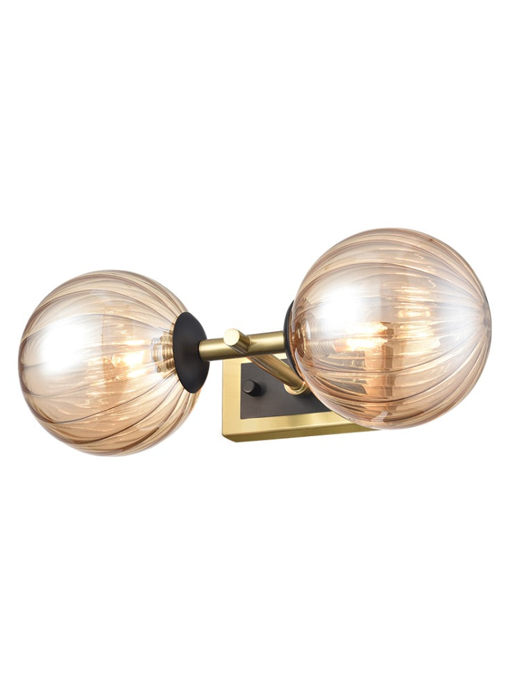 Aged Brass & Matt Black Dual Wall Light With Tinted Ribbed Glass IP 44