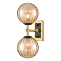 Aged Brass & Matt Black Dual Wall Light With Tinted Ribbed Glass IP 44