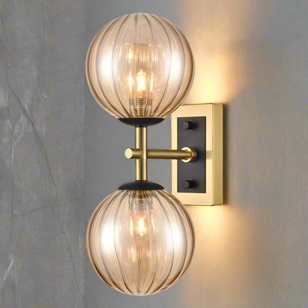 Aged Brass & Matt Black Dual Wall Light With Tinted Ribbed Glass IP 44