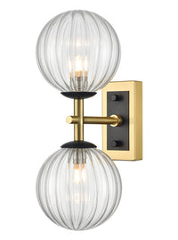 Aged Brass & Matt Black Dual Wall Light With Clear Ribbed Glass IP44