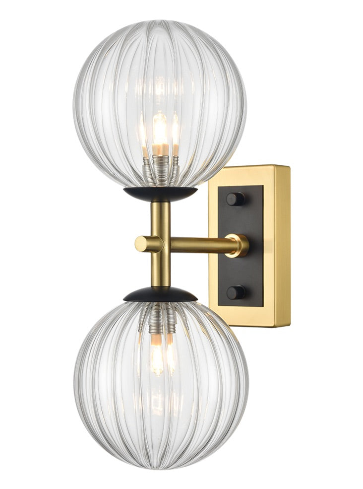 Aged Brass & Matt Black Dual Wall Light With Clear Ribbed Glass IP44