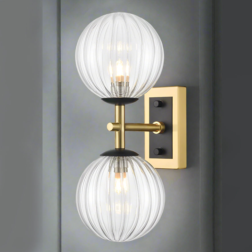 Aged Brass & Matt Black Dual Wall Light With Clear Ribbed Glass IP44