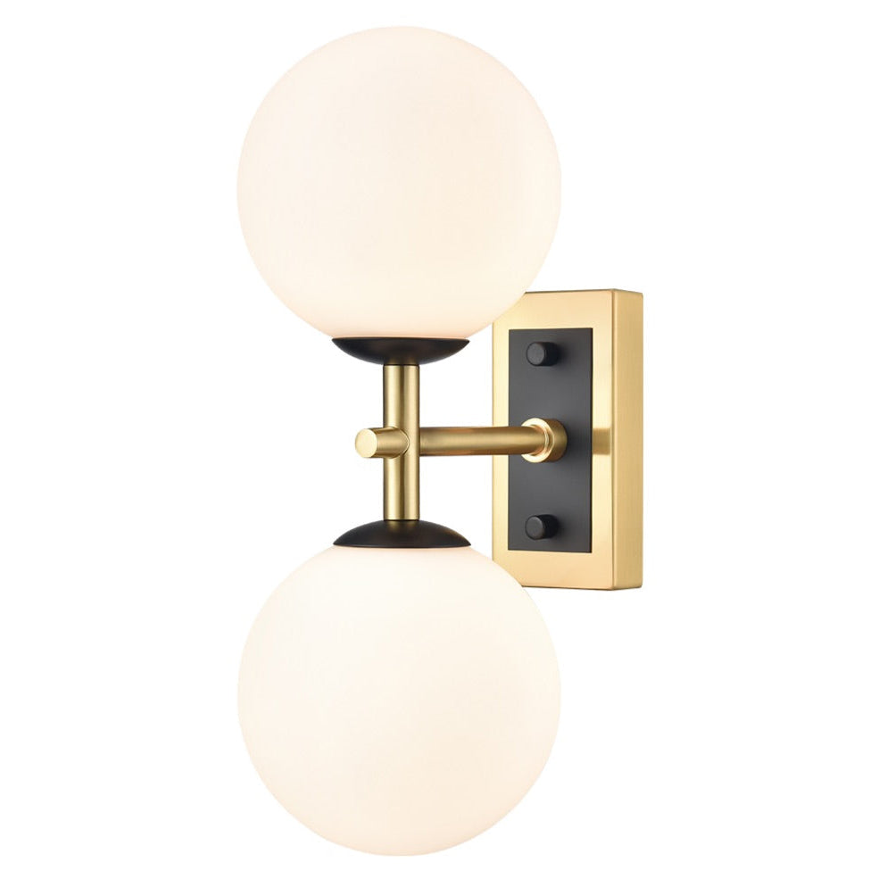 Stylish aged brass and matt black metal fixtures with two round opal glasses. It creates an instant classy and elegant feel. With an IP Rating 44, it can be use in the bathroom transforming your space with a glamorous look.
H: 30 cm W: 12 cm