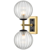 Aged Brass & Matt Black Dual Wall Light With Clear Ribbed Glass IP44