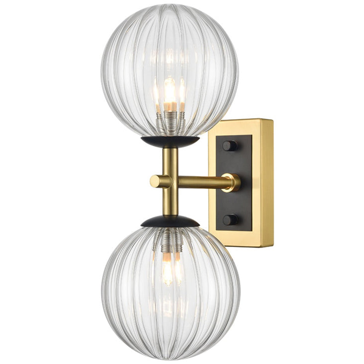 Aged Brass & Matt Black Dual Wall Light With Clear Ribbed Glass IP44