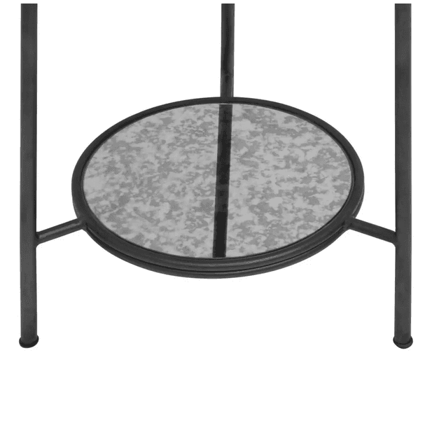 A modern side table that exudes vintage charm with an aged glass top with sleek black metal frame and an additional lower shelf offering practical storage space.
