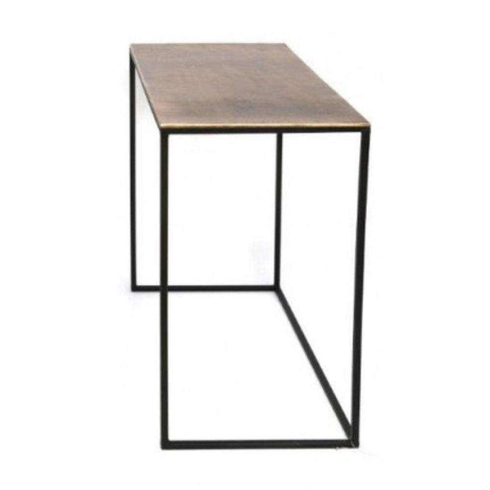 Set of three antique bronze top side tables of varying sizes on a metal iron base, displayed in a room setting.