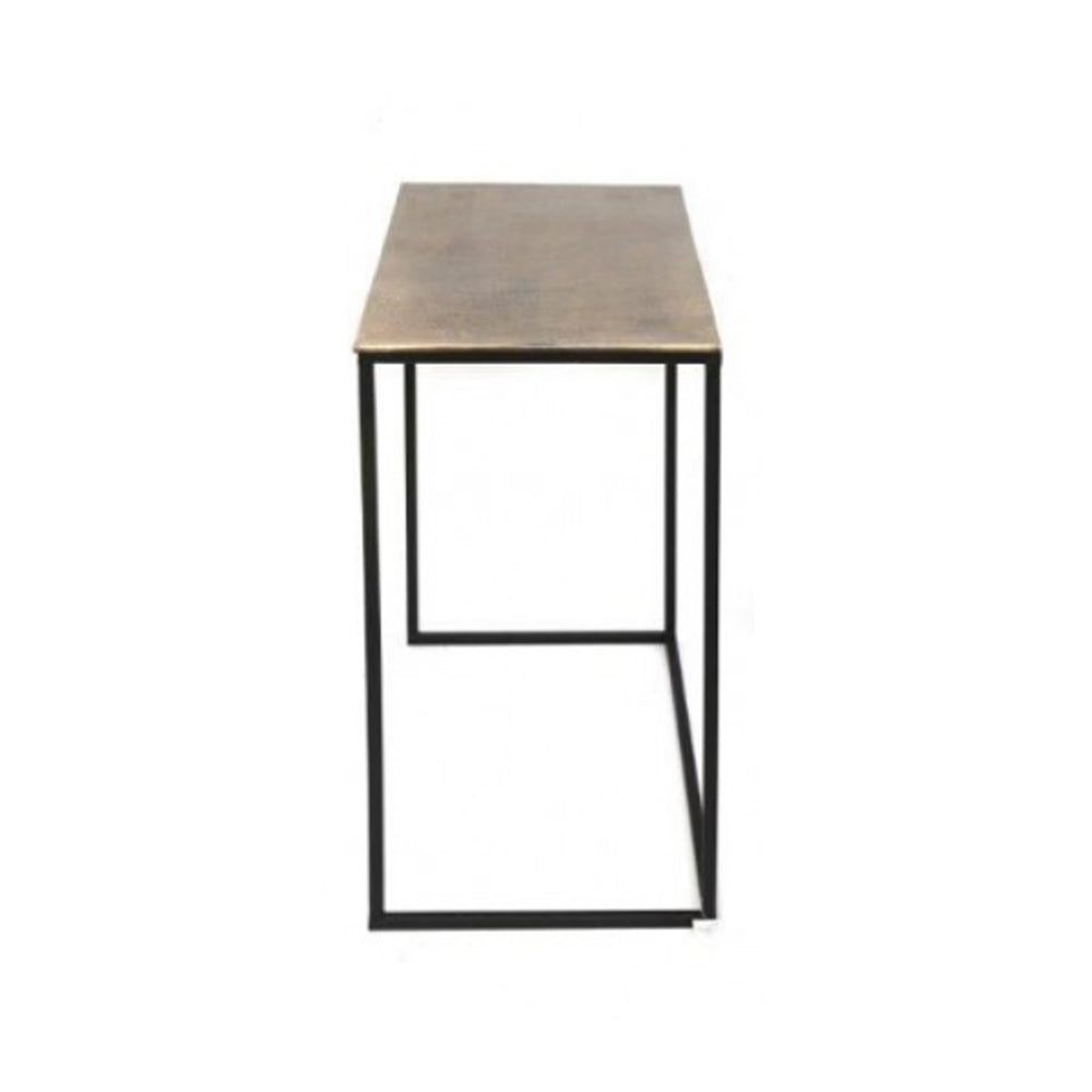 Set of three antique bronze top side tables of varying sizes on a metal iron base, displayed in a room setting.