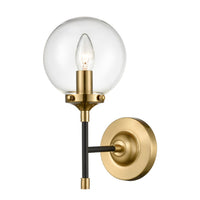 This stylish antique gold and matt black wall light with a clear glass sphere , perfect for contemporary or classic settings , statement wall lighting.