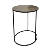 A set of three antique bronze top side tables on a metal iron base. A Simple but beautiful clean line. Can be purchased as a set or individually.