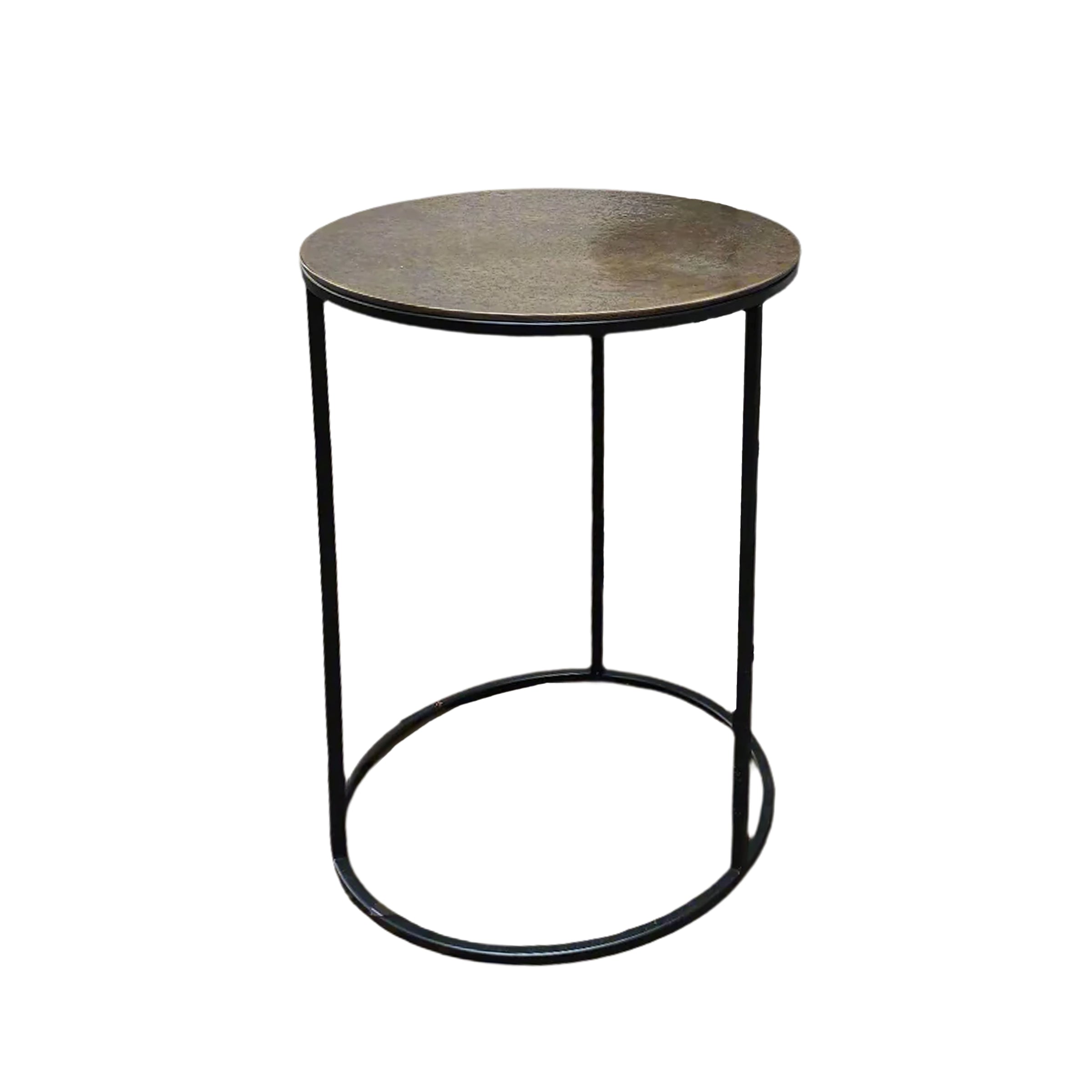 A set of three antique bronze top side tables on a metal iron base. A Simple but beautiful clean line. Can be purchased as a set or individually.