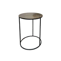 A set of three antique bronze top side tables on a metal iron base. A Simple but beautiful clean line. Can be purchased as a set or individually.