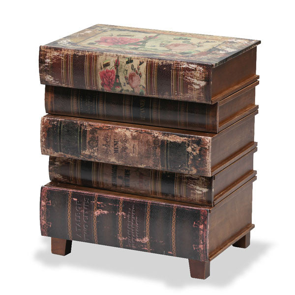 Featuring five antique style classic books drawers stacked upon each other.  Three large pull out drawers and two more slender draws offer useful storage space perfect as an eye catching sitting room or lounge side table or as a bedside table.
