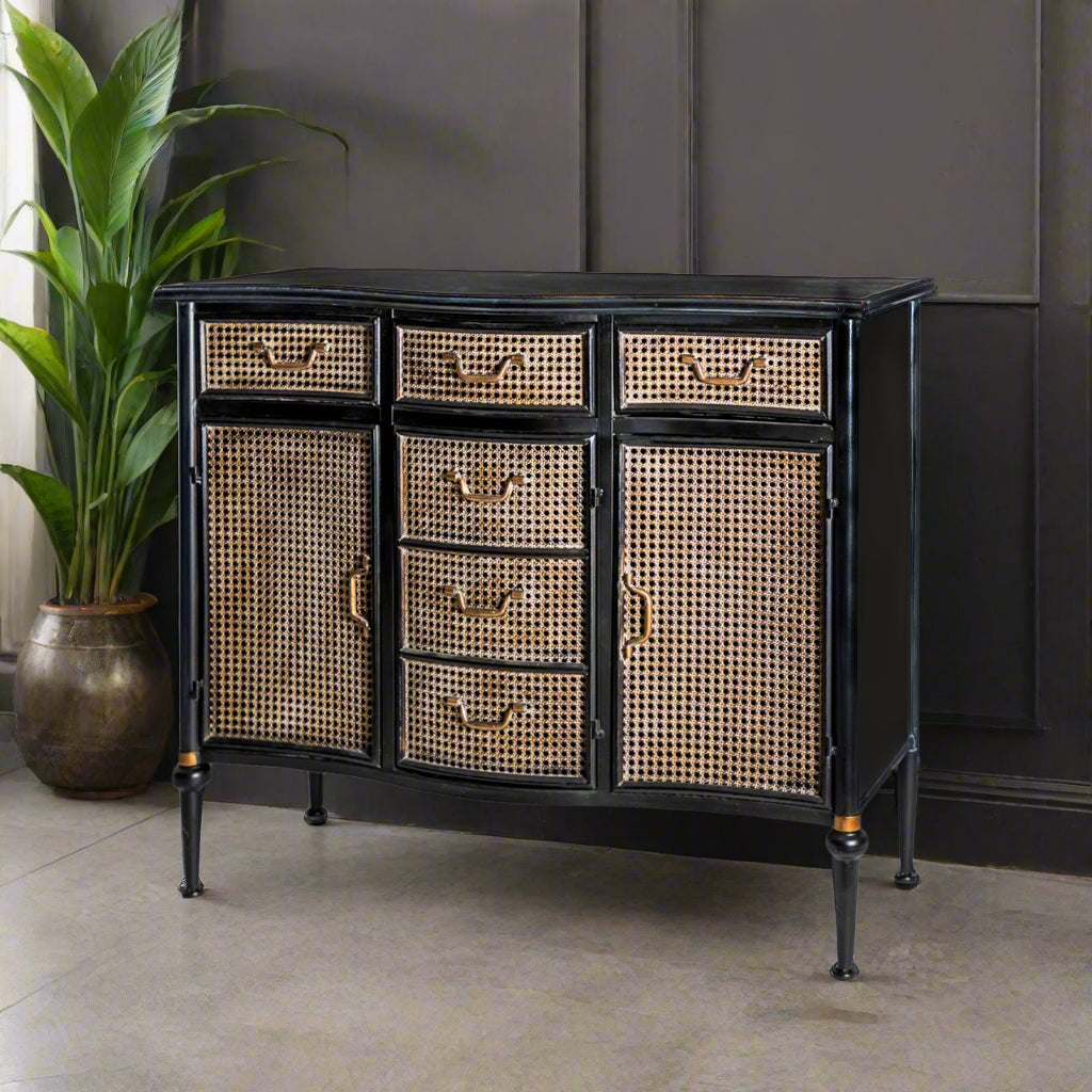 Black Metal Rattan Sideboard