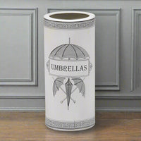 Antiqued White Ceramic Umbrella Stand.  Victorian style imagery on the front of this stand adds to it's vintage quality, with cross keys banding at the top and base, a really decorative addition to your hall.