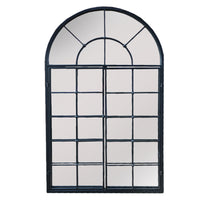 Window mirror in a black metal finish with 2 doors latched in the front of the mirror. A smaller mirror with the open door feature.
Arched window mirrors, classic garden mirrors adding the illusion of light and space to the wall of any room.