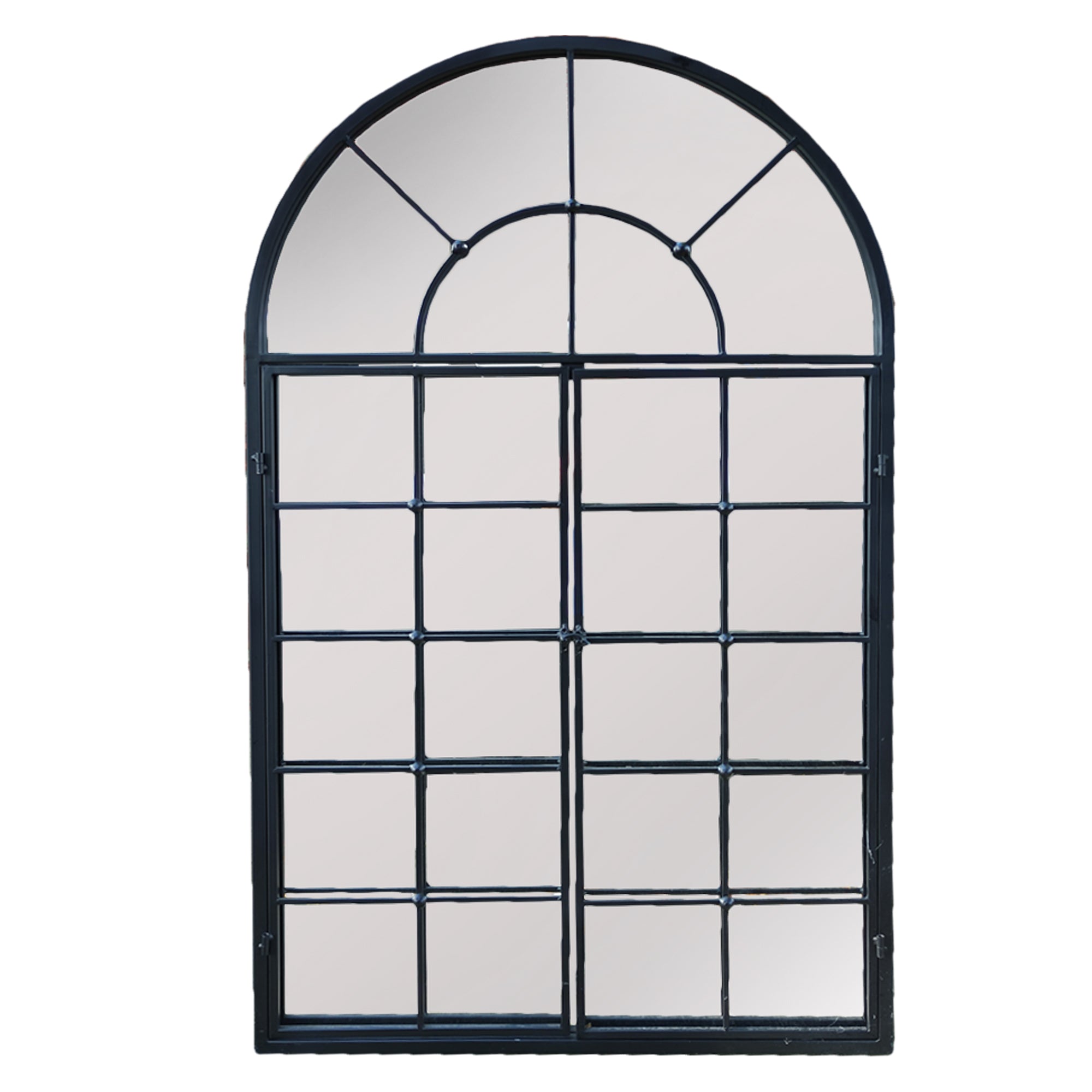 Window mirror in a black metal finish with 2 doors latched in the front of the mirror. A smaller mirror with the open door feature.
Arched window mirrors, classic garden mirrors adding the illusion of light and space to the wall of any room.