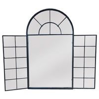 Window mirror in a black metal finish with 2 doors latched in the front of the mirror. A smaller mirror with the open door feature.
Arched window mirrors, classic garden mirrors adding the illusion of light and space to the wall of any room.