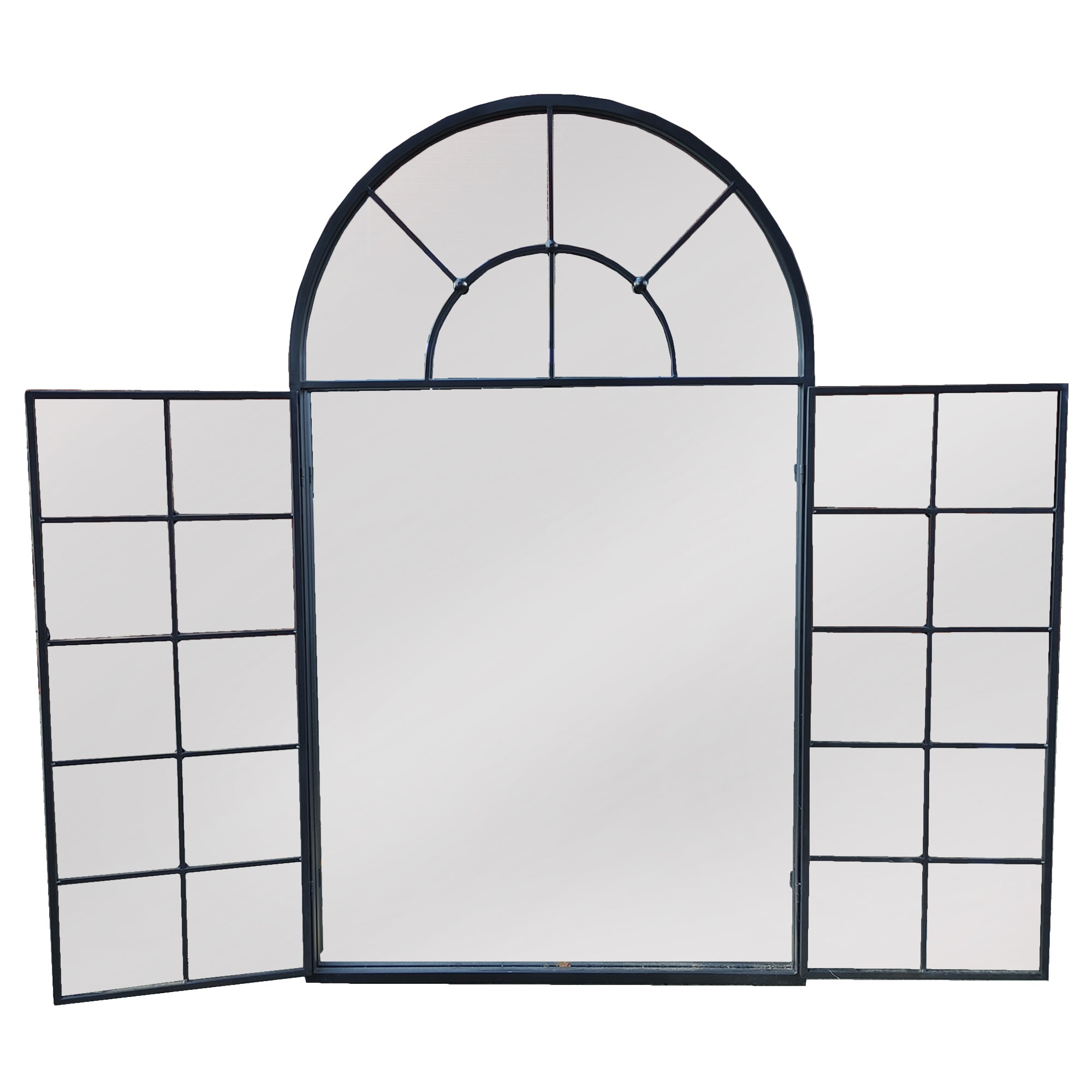 Window mirror in a black metal finish with 2 doors latched in the front of the mirror. A smaller mirror with the open door feature.
Arched window mirrors, classic garden mirrors adding the illusion of light and space to the wall of any room.