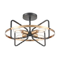 Black and gilt metal ribbon style semi-flush pendant, stylish design with 4 filament bulbs. Black chain and ceiling rose. This comes on a longer chain or flush to the ceiling. Exceptional design and quality, an impressive alternative for a low ceiling.  Perfect in a hall, stairwell or entryway.   A stylish addition to a living room or hanging over a contemporary dining table.
H: 31 cm (Min) 140 cm (max) W: 52 cm