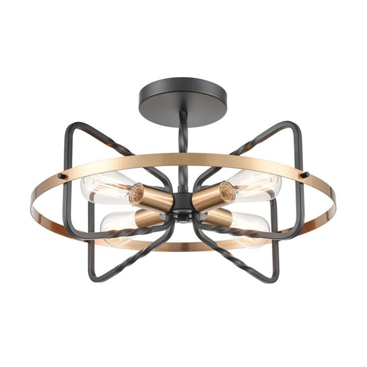 Black and gilt metal ribbon style semi-flush pendant, stylish design with 4 filament bulbs. Black chain and ceiling rose. This comes on a longer chain or flush to the ceiling. Exceptional design and quality, an impressive alternative for a low ceiling.  Perfect in a hall, stairwell or entryway.   A stylish addition to a living room or hanging over a contemporary dining table.
H: 31 cm (Min) 140 cm (max) W: 52 cm