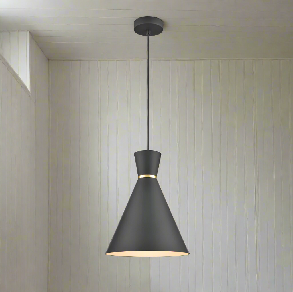 Black metal conical pendant with white inner, great kitchen and kitchen island pendant. Tall and conical the light will spread from the wider base of the pendant.