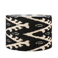 A beautiful black cotton ikat patterned shade. It can be used as a ceiling pendant shade or in a table lamp.
