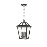 Black outdoor or indoor lantern with 4 glass paneled sides. With 3 lights and a matt black exterior this lantern is going to look smart in a porch, hall or entryway. With an IP rating of 44, you will have no problem hanging this outside.