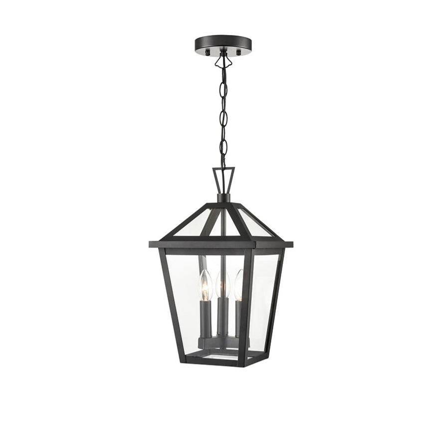 Black outdoor or indoor lantern with 4 glass paneled sides. With 3 lights and a matt black exterior this lantern is going to look smart in a porch, hall or entryway. With an IP rating of 44, you will have no problem hanging this outside.