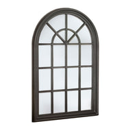 Distressed soft black finished, wooden, arched window mirror. These window mirrors work really well in a patio setting, flashing light into the darkest of areas