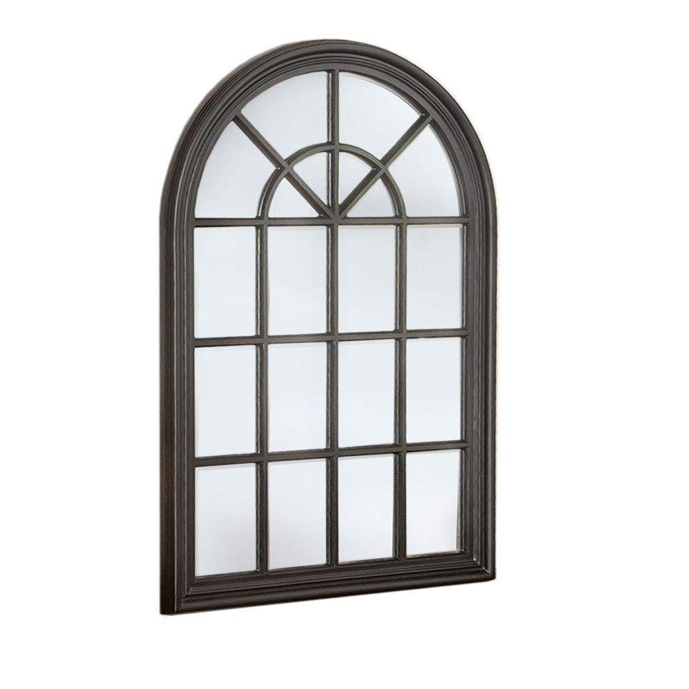 Distressed soft black finished, wooden, arched window mirror. These window mirrors work really well in a patio setting, flashing light into the darkest of areas