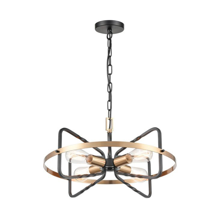 Black and gilt metal ribbon style semi-flush pendant, stylish design with 4 filament bulbs. Black chain and ceiling rose. This comes on a longer chain or flush to the ceiling. Exceptional design and quality, an impressive alternative for a low ceiling.  Perfect in a hall, stairwell or entryway.   A stylish addition to a living room or hanging over a contemporary dining table.
H: 31 cm (Min) 140 cm (max) W: 52 cm