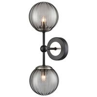 Contemporary ribbed smoked black glass ball wall light with black iron and brushed nickel fittings. Discreet wall lights  seamlessly integrates without over dominating.