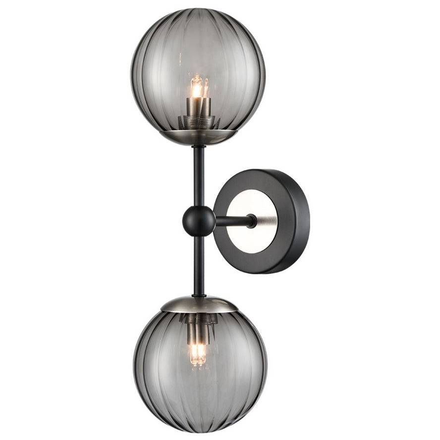 Contemporary ribbed smoked black glass ball wall light with black iron and brushed nickel fittings. Discreet wall lights  seamlessly integrates without over dominating.