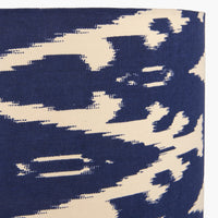 A beautiful dark blue cotton ikat patterned shade. It can be used as a ceiling pendant shade or in a table lamp.